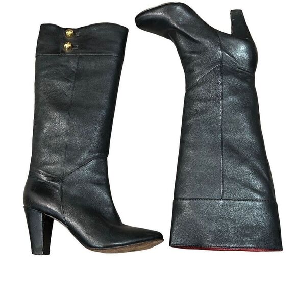 KATE SPADE Belinda Black Gold Button Genuine Soft Leather Knee High Boots Size 7 - Picture 1 of 10